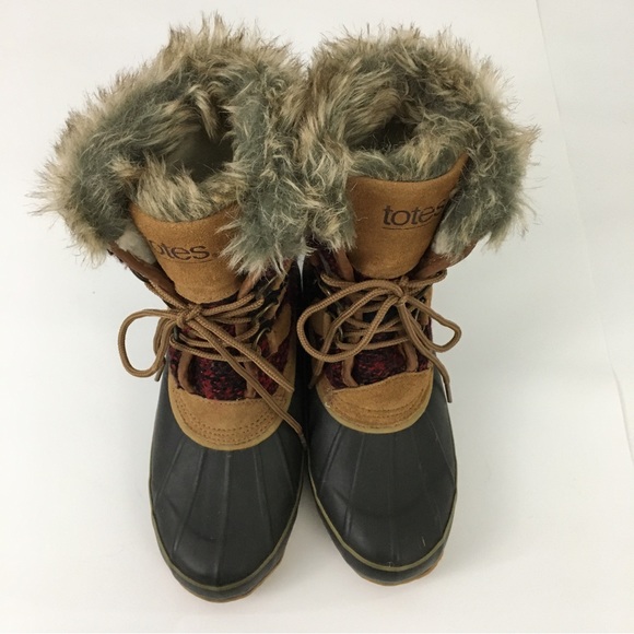 Totes Faux Fur Plaid Cloth Lace Up Winter Duck Boots Lynn Tan Size 7 M - Picture 2 of 13